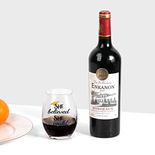 Jogskeor She Believed She Could So She Did Wine Glass 15Oz, Congratulation Gift Stemless Wine Glass, Inspirational Gifts For Her Friend Sister College Graduates, High School Graduates #TOP1