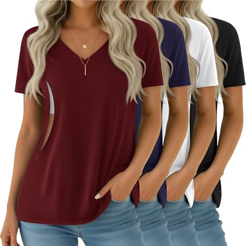 Image of Velvelhall 4 Pack Women's Nursing Shirts for Breastfeeding with Hidden Zipper V Neck Short Sleeve Loose Fit Maternity Tops