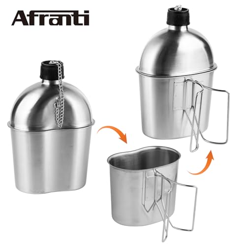 Afranti Stainless Steel Military Canteen 1QT Portable Army Water Bottle with 0.5QT Cup & Nylon Cover Waist Belt Sleeves for Hiking Camping Climbing and Most Outdoor Activities