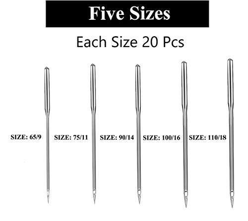 100 Count Sewing Machine Needles Universal Regular Point for Singer Brother, Janome, Varmax, Sizes HAX1 65/9, 75/11, 90/14, 100/16, 110/18