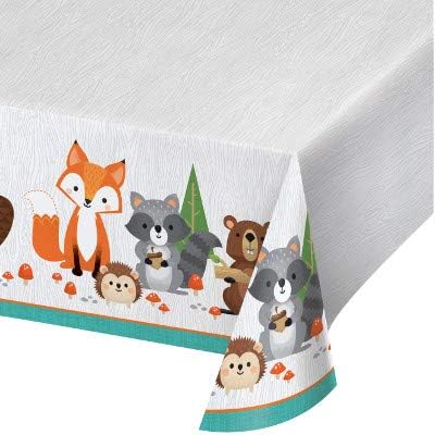 Woodland Animal Creatures Party Supplies, Wild One Birthday Printed Plastic Tablecover 54 Inch x 102 Inch, Box of 6