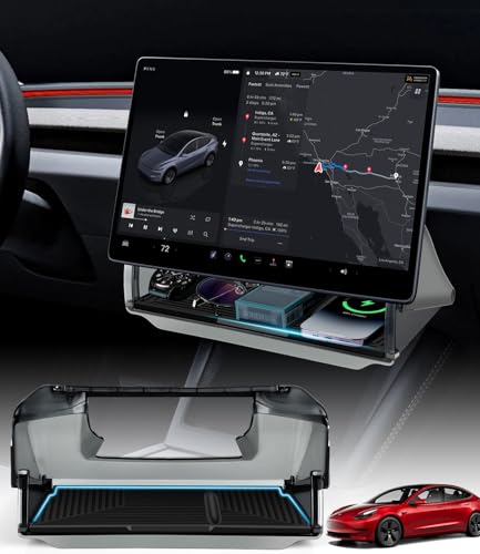 Autodecor 1Up Hidden Under Screen Storage Box for 2016-2026 Tesla Model 3/Y & Model 3 Highland with Silicone Anti-Slip Mat Easy Install Hidden Design Center Console Organizer Tray
