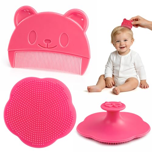 Baby Hair Brush Cradle Cap Brush Treatment for Baby Soft Scalp Massager Shampoo Brush and Baby Comb Set for Newborns & Toddlers (Pink)