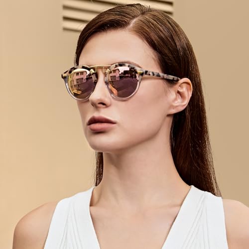 Image of CARFIA Small Face Acetate Polarized Sunglasses for Women UV Protection, Retro Double Bridge Eyewears Metal Brow Round Sunnies