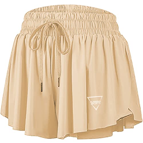 Shorts esportivo feminino 2 em 1 rodado com bolso borboleta para corrida, treino, suor, elastano, ac