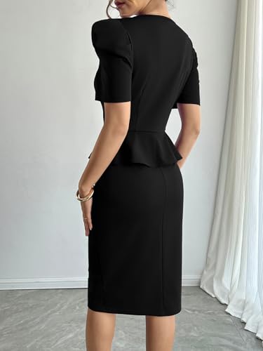 Image of Womens Summer Puff Sleeve V Neck Peplum Church Business Work Pencil Dresses