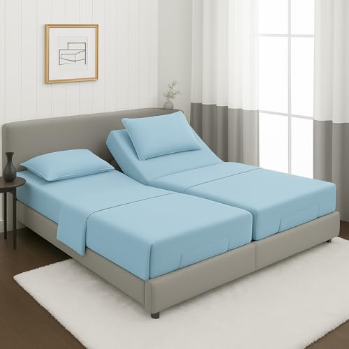 MyGiza Sheets 5 Pcs Split King Sheets Sets for Adjustable Beds, 100% Certified Giza Egyptian Cotton, Soft & Luxurious Sheets fits 16 inch Deep Pocket Mattress, Sky Blue