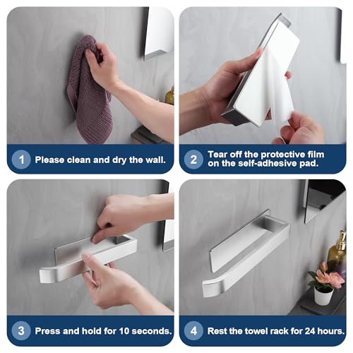 Miniatura 7 de Aloceo Toalleros De Baño Sin Taladro Acero Inoxidable Toallero Adhesivo Plata 24cm