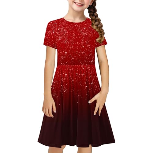 Fashion Dress for Girls Gradient Short Sleeve Splicing Ruffle Sundress Lightweight Fashion Elegant Pleated Dress