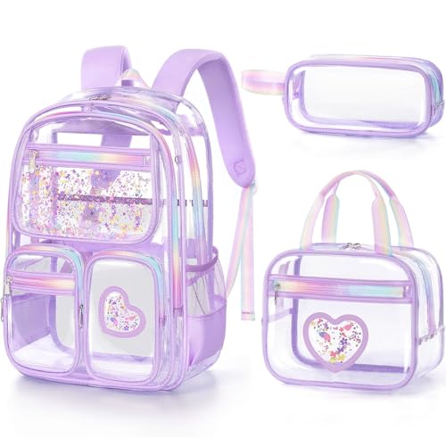 Image of Fimibuke Clear Backpack for Girls, 3PCS Heavy Duty PVC Transparent Kids Backpack for Teen Girls, School, Concert, Stadium Events Approved See Through School Girl Bookbag with Lunch Box & Pencil Case