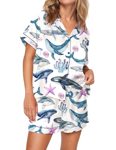 Image of SHESHOW Satin Pajamas for Women Set Preppy Animals Pjs Short Sleeve Shorts 2 Piece Loungewear Sets XS-XXL
