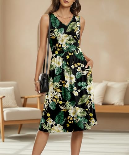 Image of NILOUFO Sleeveless Dress for Women Summer Knee Length Sundress with Pockets | Sundresses for Women Tank Empire Waist Sun Dress Cold Shoulder Casual V Neck Midi Dress Flowy Summer Dresses for Women