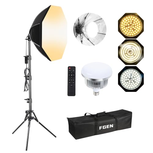 FGen Oktagonale Softbox Fotostudio Set,1x50cm Soft Box Kabellänge 300cm mit 60W 3000-6500K LED Lampen,150cm Verstellbarer Lichtständer für...