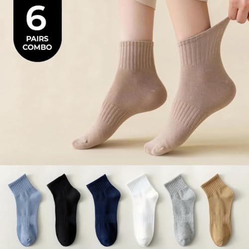 Image of PRASTHAN Crew Socks for Men & Women, Cotton Blend, Moisture-Wicking, Reinforced Seams, Casual & Sports, Free Size, Pack of 6