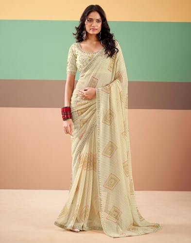 Image of SIRIL Women's Georgette Bandhani Printed, Embroidery Lace Saree With Unstitched Blouse Piece