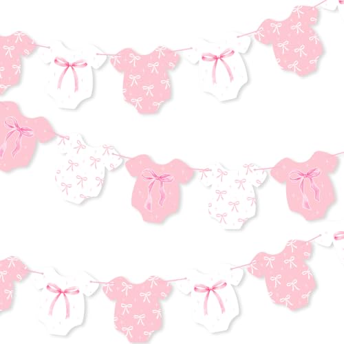 2Pcs Pink Bow Watercolor Onesie Garland Banner, Pre-Assembled Light Pink Bow Print Bodysuit Bunting for Girl Baby Shower Gender Reveal Sweet Baby Girl Party Supplies