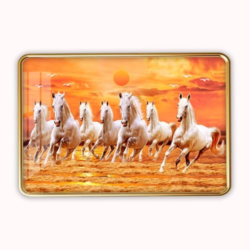 Image of 7 Running Horses Photo Frame, Ultra High Gloss Lamination, Vastu Painting for Living Room, Office, 12x18 Inch (Design 5)