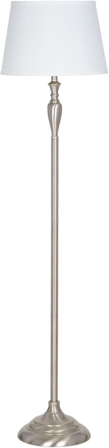 Amazon Brand – Ravenna Home Slim Metal Living Room Standing Floor Lamp With LED Light Bulb - 59.25"H, Brushed Nickel with White Shade