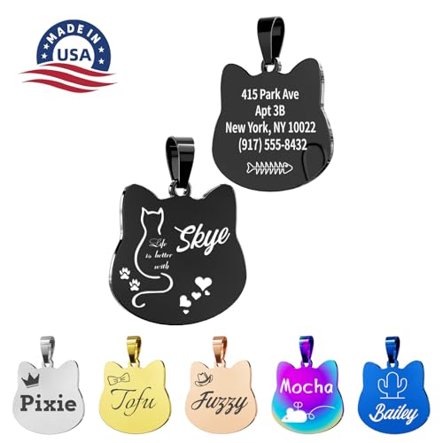 Cat Tags Personalized Small – Engraved Stainless Steel Pet ID Tag, Custom Name Tags Suitable for Small Dogs (Black, Cat-Regular Size)