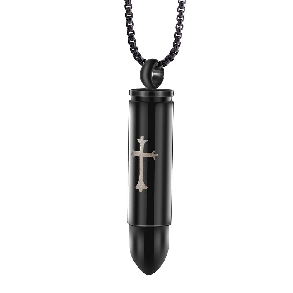 CacoffayStainless Steel Cross Bullet Memorial Pendant Urn Necklaces for Mens Womens- Cremation Ashes Jewelry Detachable Perfume Bottle,Black