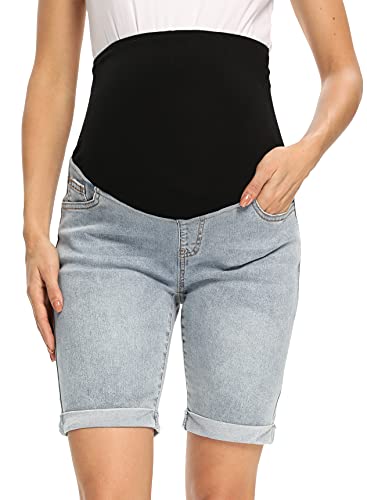 Foucome Women's Materntiy Denim Shorts Over The Belly Comfy Stretch Bermuda Jean Shorts(Blue, M) #TOP3