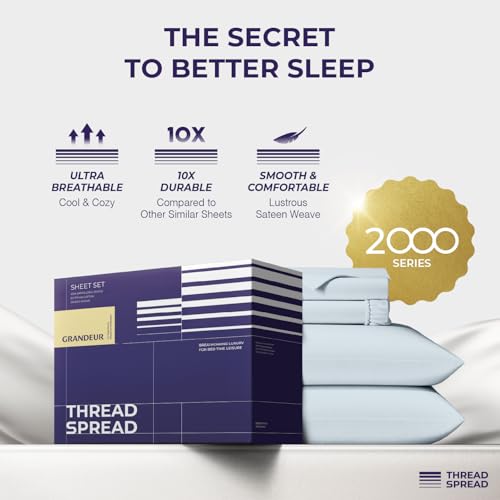 Image of THREAD SPREAD Luxury King Size Sheets Set - 2000 Series 100% Egyptian Cotton Cooling Sheets King Size (4 PC, Light Blue), Silky Soft, Cooling, Sateen Weave, 17 inch Extra Deep Pocket Hotel Bedding Set