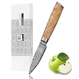 zayiko Damast Officemesser Klinge 8 cm I aus 67 Lagen I Damastmesser Küchenmesser aus echtem schwarzen Damaststahl mit Wurzelholzgriff Birke Serie Kinone