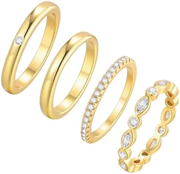 KSF Stackable Gold Rings for Women - 4Pcs Dainty 14K Gold Plated Minimalist Ring for Women Non Tarnish, Stack Cubic Zirconia Statement Thumb Fashion Rings Waterproof Size 6 7 8 9 Trendy Jewelry Gift