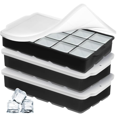 Lifhety 3 Pack Ice Cube Tray, Silicone Ice Cube Trays with Lids, 45 Square Cubes, Reusable Large Ice Cube Moulds & Freezer Ice Trays for Whiskey, Cocktails, Baby Food & Drinks, BPA Free