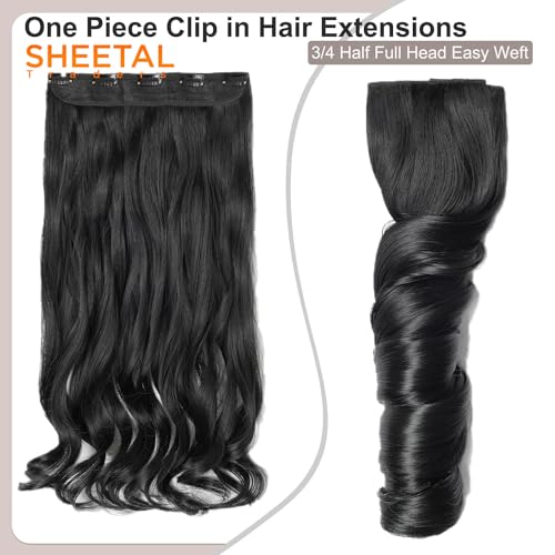 Image of Chaam 26 Inch Cotton Lace 3 /4 Full Head Clip in Synthetic Hair Extension, One Piece Clip in Hair Weft with 5 Clips, Half Head Wavy Hairpiece for Daily Use (Black, 178 Gram)