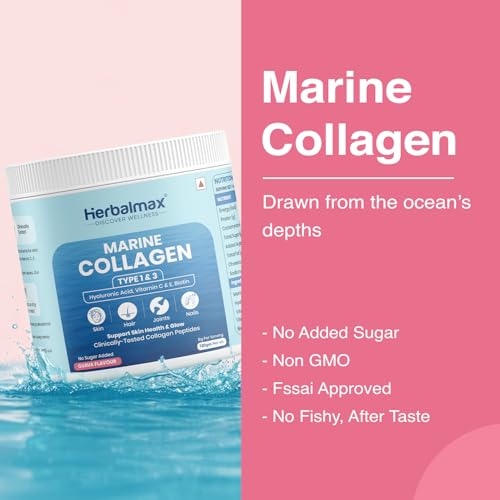 Image of Herbalmax Hydrolyzed Marine Collagen Supplements 120g With Hyaluronic Acid, Vitamin C & E, Biotin | Supports Healthy Skin, Hair, Nails, Bones & Joints | Type I & III Collagen Guava Flavour Pack of 2
