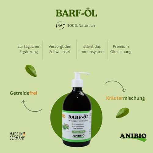 Anibio Barf Öl 500ml – All-in-One Öl-Complex 5 mit Kräutern für Hunde | Kaltgepresste Ölmischung mit Omega 3, 6 & 9 | barfen | Barföl | Made in Germany