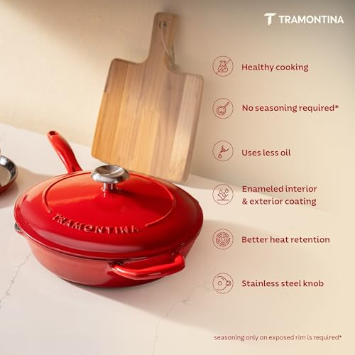 Image of TRAMONTINA Bestow Fry Pan 30 cm with Lid | Enameled Cast Iron Cookware | Even Heat Retention | Low Oil Healthy Cooking | No Seasoning Required | Stainless Steel Knob | All Cooktops Compatible | Red