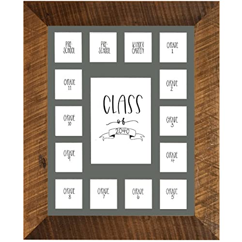 Image of Rustic Red Door Co. School Years Reclaimed Wood Picture Frame with Mat - 11x14 Wooden Framed 15 Photo Collage Mat Pre-School & Kindergarten to 12th Grade High School Graduation (Class of 2040, Grey)