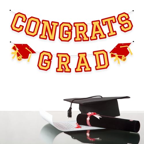 Image of Congrats Grad Banner Graduation Party Banner Decoration Hanging Garland High School College Backdrop Supplies Red Gold