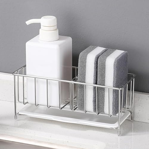 TATIU スポンジホルダー スポンジ置き キッチン たわし入れ スポンジラック 防錆 ステンレス製 可動式仕切り 洗剤置き たわしホルダー スポンジ収納 水まわり用品 (シルバー)のサムネイル