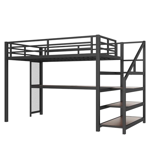 Image of Bellemave Twin XL loft Bed with Desk and Storage Stairs, Shelves, Metal Twin XL Loft Beds with LED Lights, USB Ports, Multifunctional Iron Nets for Adults, Kids, Teens, Black