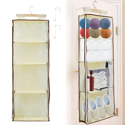 Image of Hanging Yarn Storage with 4 Large Pockets, Multi Functional Storage Bag, Clear Knitting Organizer Storage with Zippers for Crochet Lovers, Hanging Yarn Holder with Over-Door Hooks (khaki)