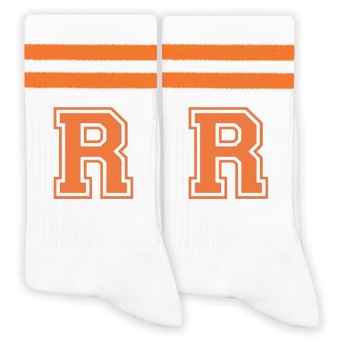 GRXXPIP Orange Initial Stripes Socks with Letter R Retro Athletic Style Socks Personalized Gifts for Birthday Christmas Back-to-school Season or Just Because Sporty Daily Wear.(017)
