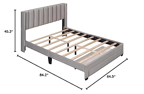 Merax Luxury Upholstered Bed Frame Wit Storage Drawer/Mattress Foundation/Wood Slat Support/Space Saving,Queen, Gray #TOP7