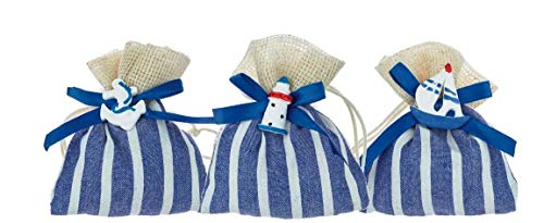 f.caruso Set 12 sacchettini portaconfetti cm 9X10, Tema Mare (3 Assortiti) con Applicazione, segnaposto, confettata, bomboniera, Nascita, Battesimo, Nozze (ck8044/12)