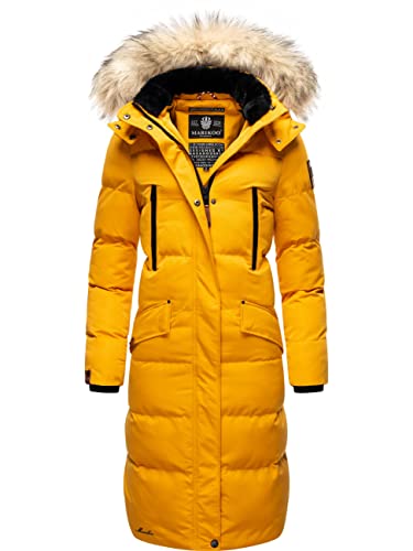 MARIKOO Damen Wintermantel warmer Steppmantel lang mit abnehmbarem Kunstfell und Kapuze Schneesternchen Yellow Gr. XS