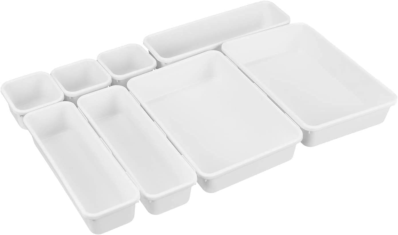 CLOUDFOUR Interlocking Desk Drawer Organizer Tray Dividers, Drawer Organizers Storage Bins Container for Kitchen Utensils, Bathroom, Makeup, Jewelries, Medicine, Pens, and Gadgets 8 pcs (White)