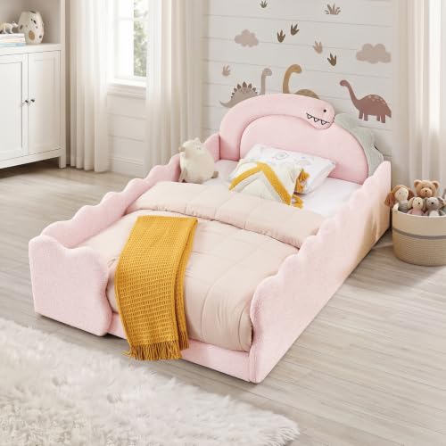 Image of Full Size Kids Bed with Dinosaur Headboard, Upholstered Boucle Fabric Twin Daybed with Slats Support & Side Pocket, Space-Saving Wooden Corner Sofa Couch Day Bed Frame for Girl, Boy, Teenager(Pink)