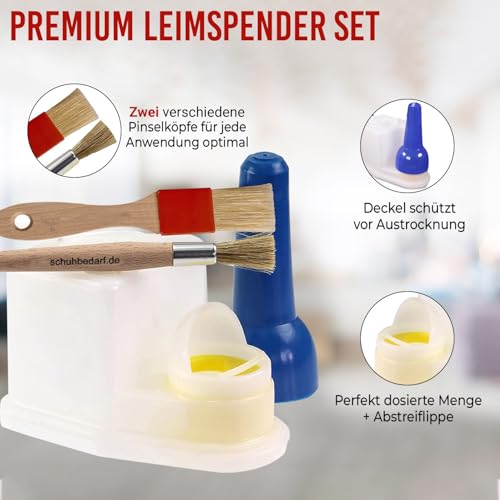 Leimspender für Holzleim – rostfreier Leimpinsel – Leimboy, Weissleim Sparbehälter, lösemittelfeste Leimflasche mit 2 x Qualitäts Pinsel - Leimtopf für Knochenleim
