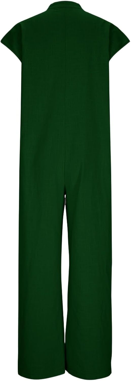 Linen Rompers for Women Casual Short Sleeve Button Down Overalls Wide Leg Loose Jumpsuit with Pockets - Image 3