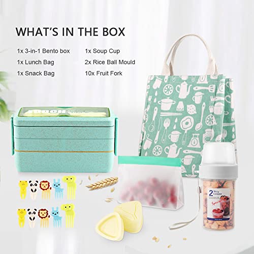 Iteryn Bento Box Japanese Lunch Box Kit, 3 Layer Bento Lunch Box For Adults Bpa-Free, Leakproof Stackable Bento Box With Lunch Bag, Soup Cup, Rice Ball Mold, Fruit Fork, Microwave Safe #TOP6