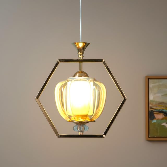 Image of ELIANTE Modern Glass Hanging Light for Living Room & Dining Area | Metal Ceiling Lamp with Elegant Glass Shade | 3 Years Warranty | Free Bulb (Hexora)