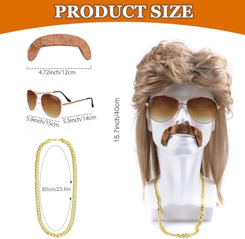 Vokuhila Perücke Herren,4 Stück Vokuhila Perücke Set,80er Perücke Herren,Synthetische Perücke,Perücken Wig Sonnenbrille Halskette,Outfit Accessoires Herren,Männer Perücke Cosplay Kostüm Party