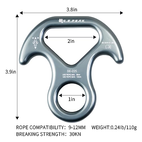 S.E.PEAK 30kN Rescue Figure 8 Descender with Bent-Ear, Rappelling Gear Downhill Equipment Belay Device for Rock Climbing/Aluminum Alloy, Gray